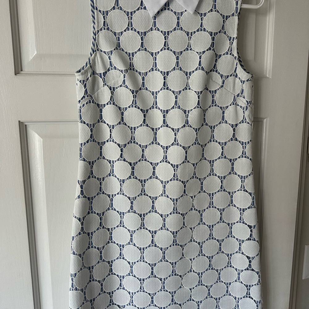 Jude Connally White Shift Dress with Navy Circle Pattern and Collar